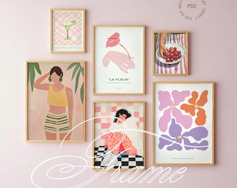 Pink Gallery Wall Mockup | Frame Mockup | 6 Frame Gallery Wall Mockup | Thin Wood Gallery Wall Mockup  | PSD Gallery Wall Mockup