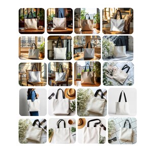 May include: A collection of 16 white canvas tote bags with black handles. The bags are shown in various settings, including indoor and outdoor scenes. Some bags are empty, while others contain items like books, plants, and other personal belongings.