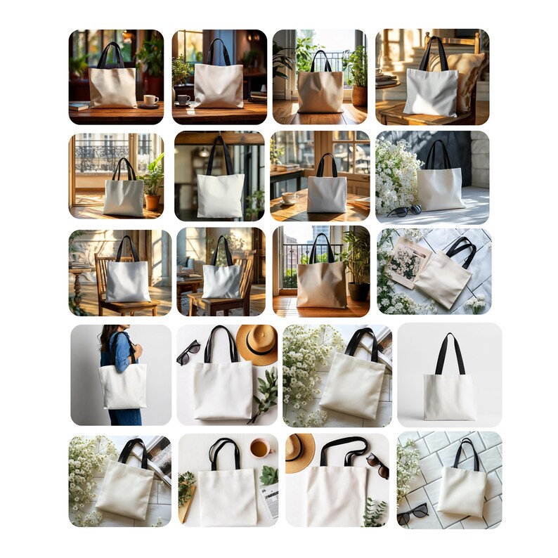 May include: A collection of 16 white canvas tote bags with black handles. The bags are shown in various settings, including indoor and outdoor scenes. Some bags are empty, while others contain items like books, plants, and other personal belongings.