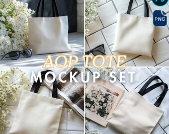 AOP Tote Bag Mockup PSD, Black Handle AOP Tote Bag Mockup, Printify Tote Bag Mockup, Tote Bag psd Mockup, Styled Mockup Scenes