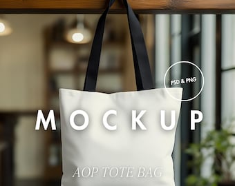 AOP Tote Bag Mockup PSD | Black Handle AOP Tote Bag Mockup | Printify Tote Bag Mockup | Tote Bag Psd Mockup