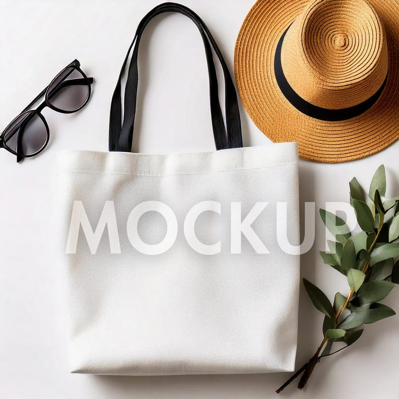 May include: A white tote bag with black handles, sunglasses, and a straw hat with a black band are arranged on a white surface. The tote bag has the word "MOCKUP" printed on it, and a sprig of green leaves is also present.