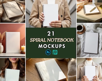 May include: A set of 21 spiral notebook mockups featuring various scenes, including a person holding a notebook, a notebook on a table, and a notebook on a bed. The mockups are perfect for showcasing your designs or branding.