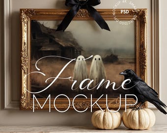 Halloween-Rahmen-Mockup (PSD) | Goldrahmen-Mockup | Horizontales Rahmen-Mockup für Photoshop und Photopea