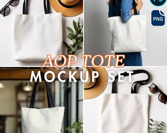 AOP Tote Bag Mockup PSD Set | 4 Black Handle AOP Tote Bag Mockups | Printify Tote Bag Mockup | Tote Bag psd Mockup