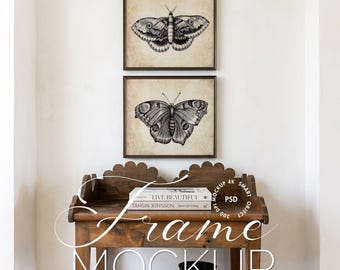 2 quadratische Rahmen-Mockups (PSD) | 2 Rahmen-Mockup | Rustikales Konsolentisch-Mockup für Photoshop und Photopea