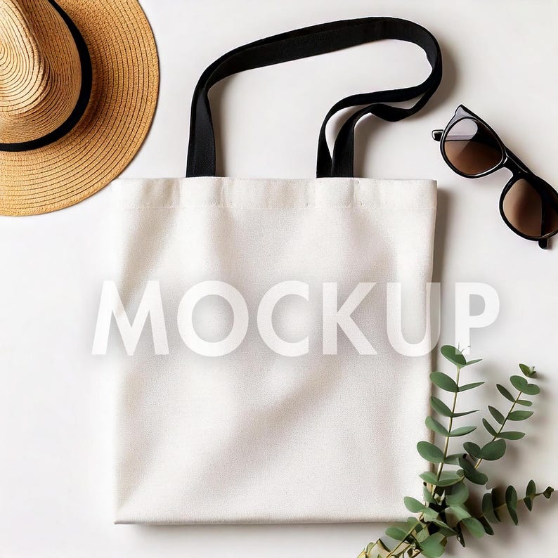 May include: A white tote bag with black handles, a straw hat, and black sunglasses are arranged on a white surface. The word "MOCKUP" is printed on the tote bag. Green sprigs of eucalyptus are also present.