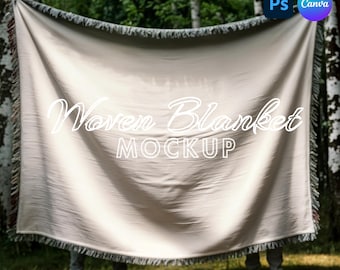 Woven Blanket Mockup PSD & Canva Template – Fringed Throw Mockup for Printify and Gooten | Jacquard Blanket Mockup Bundle | Woven Mockup