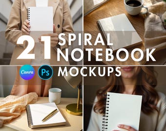 May include: A composite image showcasing spiral notebook mockups. The text "21 SPIRAL NOTEBOOK MOCKUPS" is displayed prominently. The image includes notebooks held by people, and notebooks on tables, with a coffee cup and a pen.