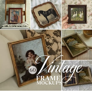 Bundel met 60 vintage fotolijst-mockups in PSD-formaat, antieke fotolijst-mockups voor PSD en Photopea, fotolijst-mockups met Frans plattelandsthema