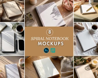 May include: Eight spiral notebook mockups with white pages and brown covers. The notebooks are arranged in different settings, including a wooden table, a white surface, and a bed. Some of the mockups include additional props, such as candles, coffee cups, and pens.