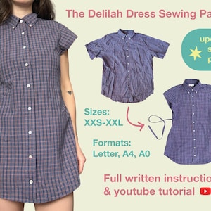 May include: A blue and red checked button-down dress with short sleeves. The image also shows a short-sleeved shirt and a dress made from a shirt. Text on the image reads "The Delilah Dress Sewing Pattern" and "upcycled sewing project."