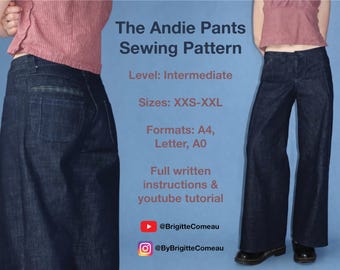 May include: The Andie Pants Sewing Pattern, featuring a dark blue denim design. The pattern includes sizes XXS-XXL and is rated intermediate. The image also includes the text "Full written instructions & youtube tutorial".