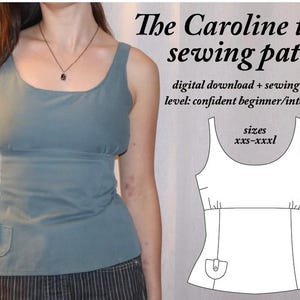 Könnte beinhalten: Ein Schnittmuster für ein Caroline-Top, ein ärmelloses Oberteil mit Rundhalsausschnitt und einer Tasche auf der Vorderseite. Das Schnittmuster ist in den Größen XXS-XXXL erhältlich. Das Schnittmuster ist ein digitaler Download und beinhaltet eine Nähanleitung. Der Schwierigkeitsgrad ist fortgeschrittener Anfänger/Mittelstufe.