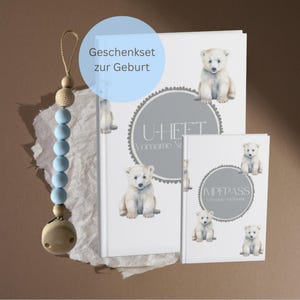 Geschenkset zur Geburt | U-Heft-Hülle mit Schnullerkette | inklusive Impfpasshülle |  Eisbär | Individuelles Design möglich