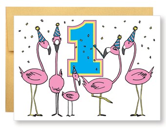DIGITAL DOWNLOAD - Flamingo First Birthday Card (5x7)