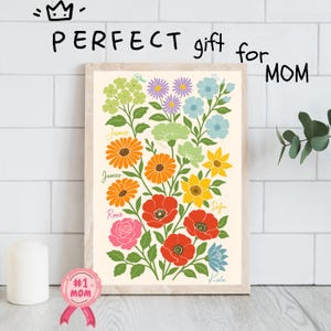 Benutzerdefinierte Familie Geburt Blumenstrauß Kunstwerk, botanische Boho Minimalist Geschenkidee für Mama, Geschenk für Mutter, durch Illustration, personalisiertes Geschenk