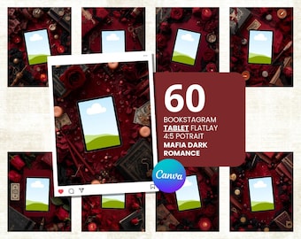 Könnte beinhalten: Eine Sammlung von Tablet-Flatlay-Bildern mit einem dunkelroten und schwarzen Thema. Die Bilder zeigen Tablets mit einem Landschaftshintergrund, umgeben von Rosen, Kerzen und Büchern. Der Text auf dem Bild lautet "60 Bookstagram Tablet Flatlay Mafia Dark Romance".