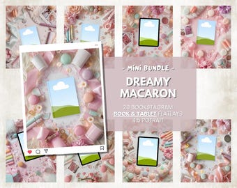 20 verträumte Macaron Bookstagram Flatlays Mockups Bundle, Autoren & Buch Influencer Instagram Post Vorlagen
