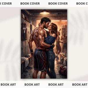 Puede incluir: Ilustración de portada de libro que muestra a una pareja besándose en un vestuario de gimnasio. El hombre, con pantalones cortos y muñequeras, es musculoso. La mujer lleva un top azul y vaqueros. En el fondo se ven taquillas, bancos y otras figuras.