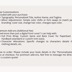 K&ouml;nnte beinhalten: Text auf cremefarbenem Hintergrund, der kostenlose und Premium-Anpassungsoptionen f&uuml;r Buchcover detailliert. Kostenlose Optionen umfassen Typografie und kleinere Anpassungen. Premium-Add-ons umfassen Full-Print-Wraps und Charakter&auml;nderungen.