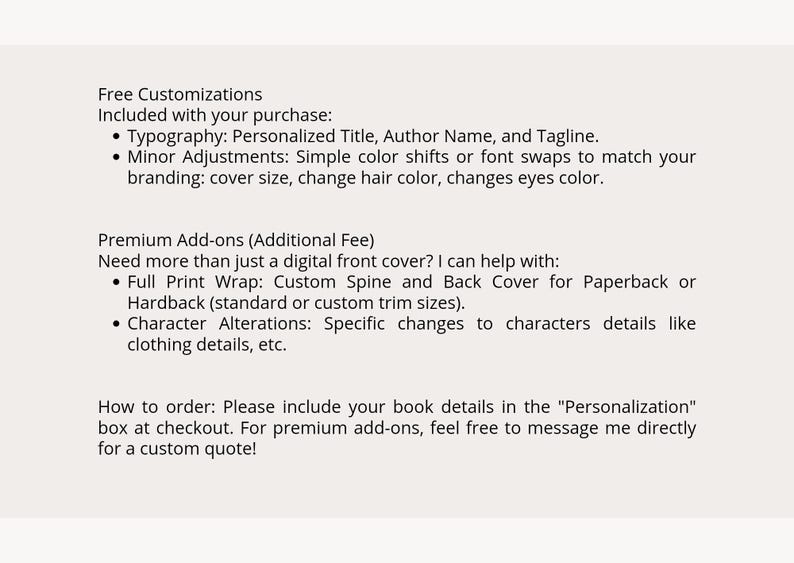 K&ouml;nnte beinhalten: Text auf cremefarbenem Hintergrund, der kostenlose und Premium-Anpassungsoptionen f&uuml;r Buchcover detailliert. Kostenlose Optionen umfassen Typografie und kleinere Anpassungen. Premium-Add-ons umfassen Full-Print-Wraps und Charakter&auml;nderungen.