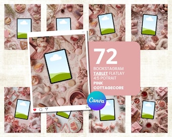 72 Pink Cottagecore Tablet Mockups | Canva Bookstagram Flatlay Frames (Digital Download)