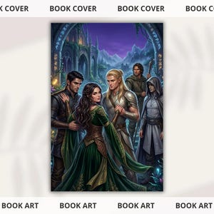 Könnte beinhalten: Fantasy-Buchcover-Illustration mit einer Gruppe von Charakteren in einer mystischen Umgebung. Eine Frau in einem grünen Kleid steht im Mittelpunkt, umgeben von Figuren in mittelalterlicher Kleidung. Der Hintergrund zeigt ein Schloss und einen violetten Himmel.
