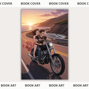 May include: Book cover art depicting a couple on a black motorbike on a coastal road at sunset. The woman wears a red floral dress. The road curves along the coastline, with the sea visible in the background. The sky is a mix of orange and purple.