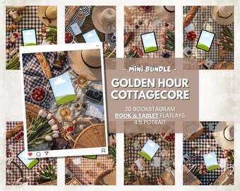 20 Golden Hour Cottagecore Bookstagram Flatlay Mockups Bundle, Authors & Book Influencer Instagram Post Templates