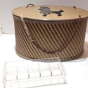 Vintage Wicker Sewing Basket Box Poodle Top Gold Wicker w/Notions Tray MCM Decor
