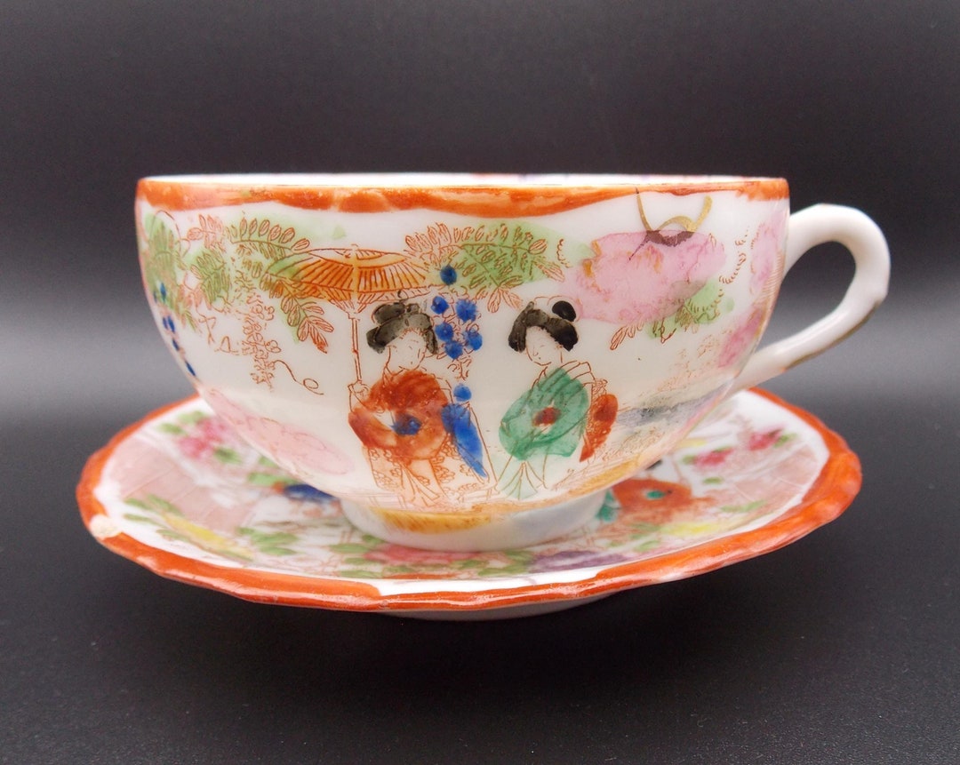 Vintage Japanese Eggshell Porcelain Tea Cup & Saucer, Geisha Girls, Red ...