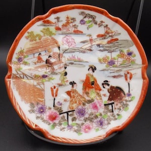 Vintage Japanese Porcelain Saucer, Geisha Girls, Hand Painted Gold Accents 5.25&quot;