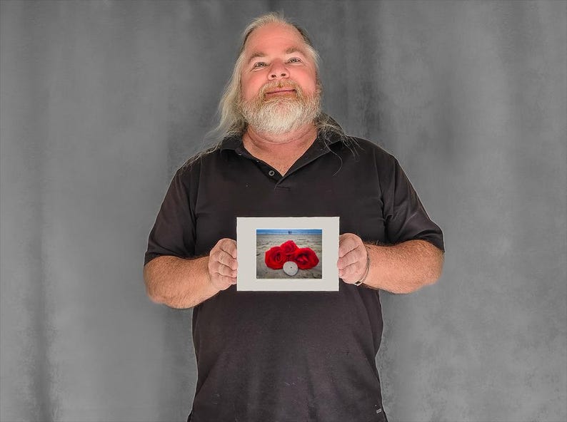 Red Roses on Beach and Sand Dollar - 3-1/8"x4-3/8" Matted Photo Size