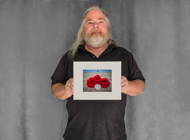 Red Roses on Beach and Sand Dollar - 4-3/8"x5-7/8" Matted Photo Size