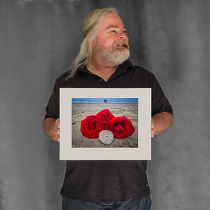 Red Roses on Beach and Sand Dollar - 7-3/8"x9-7/8" Matted Photo Size