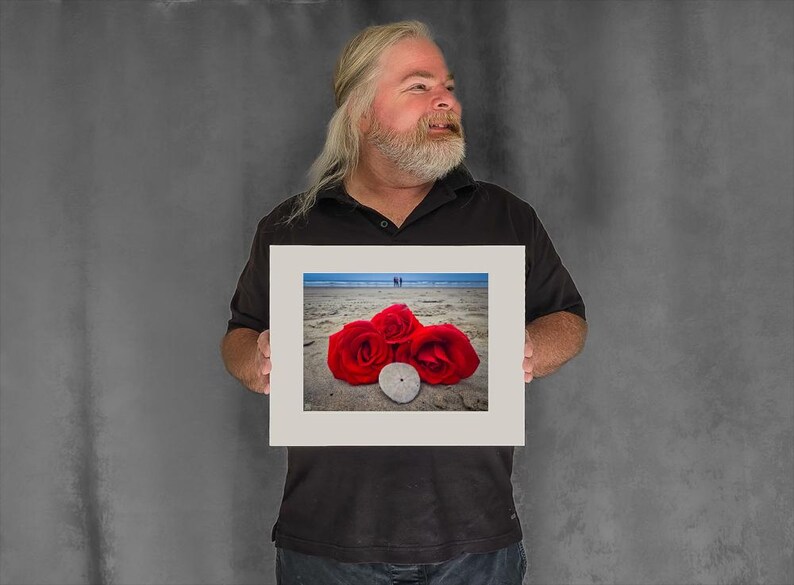 Red Roses on Beach and Sand Dollar - 7-3/8"x9-7/8" Matted Photo Size