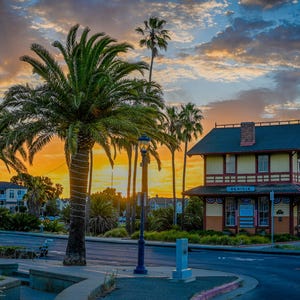 Sun Rises Behind the Depot Building — palm tree sunrise