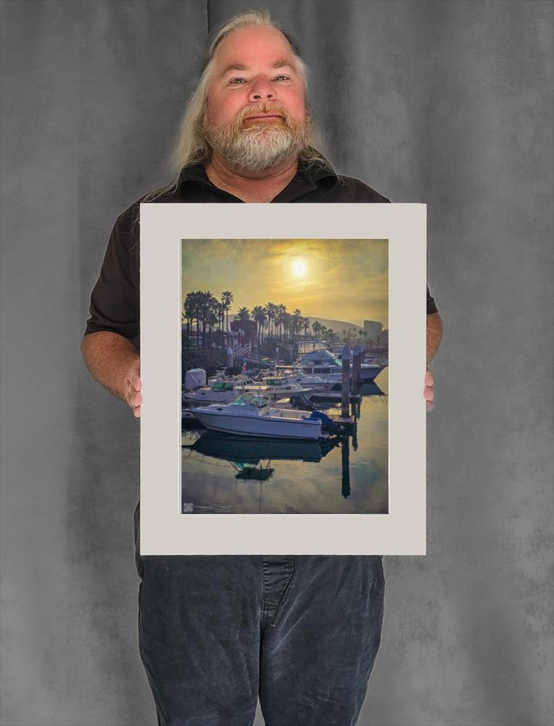 Rising Sun Glows Over Marina - 15-1/8"x11-3/8" Matted Photo Size