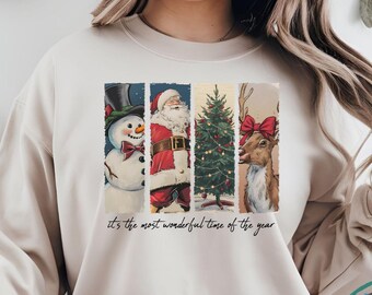 Felpa natalizia retrò: Babbo Natale, pupazzo di neve, albero, renna
