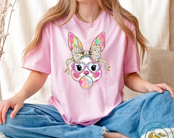 Maglietta con orecchie da coniglio e fiocco Coquette, felpa con coniglietto carino, maglietta con coniglio, regalo di buona Pasqua, Pasqua Coquette, maglietta di Pasqua carina