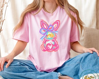 Maglietta pasquale con coniglietto a pennellata: maglietta retrò con fiocco Coquette