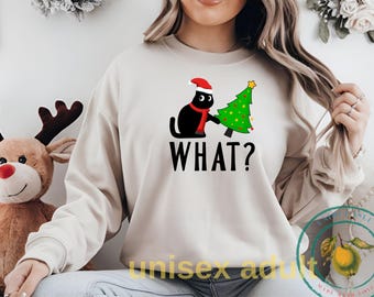 Felpa natalizia con gatto, felpa natalizia, maglietta con gatto nero, felpa natalizia con gatto, maglietta per amanti dei gatti, felpa con cappuccio con albero di Natale, regalo di Natale