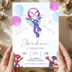 May include: A birthday invitation featuring a Spider-Gwen illustration, pink and blue balloons, and the text "Jordan is turning three." The invitation includes the date, time, and RSVP information. The design is surrounded by a floral wreath.