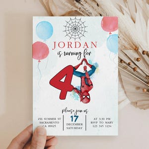 May include: A birthday invitation featuring a watercolor design with red and blue balloons, a spider web, and a Spider-Man illustration. The invitation reads "JORDAN is turning for 4" and includes event details.