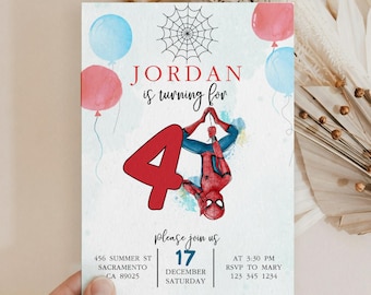 Edytowalny szablon zaproszenia urodzinowego Spider-Mana | Zaproszenie na przyjęcie superbohatera dla chłopca | Natychmiastowe pobranie | Szablon Spider-Mana do druku na Canva