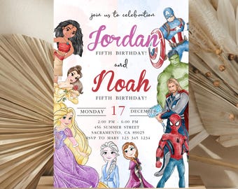 Watercolor Princess and Superheroes Invitation: Editable Template Jasmine, Ariel, Rapunzel, , Elsa, Hulk