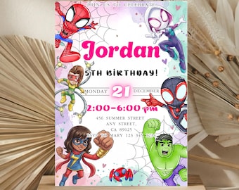 Convite de aniversário do Homem-Aranha para menina, convite de aniversário do Homem-Aranha e seus incríveis amigos, personalizável no Canva.