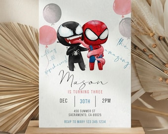 Spiderman and Venom birthday invitation, amazing friends birthday invitation, Customizable on Canva Template