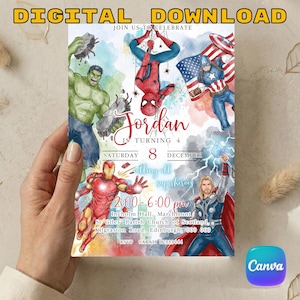 Puede incluir: Una tarjeta de invitación de cumpleaños digital con ilustraciones en acuarela de superhéroes como Hulk, Spider-Man, Captain America, Iron Man y Thor. El texto dice Jordan is turning 4, Saturday 8 December, 2:00-6:00 pm, Incholm Hall, Marchmont, St Giles' Parish Church of Scotland, Kilgraston Road, Edinburgh, 000 000. RSVP Sarah 12333444.
